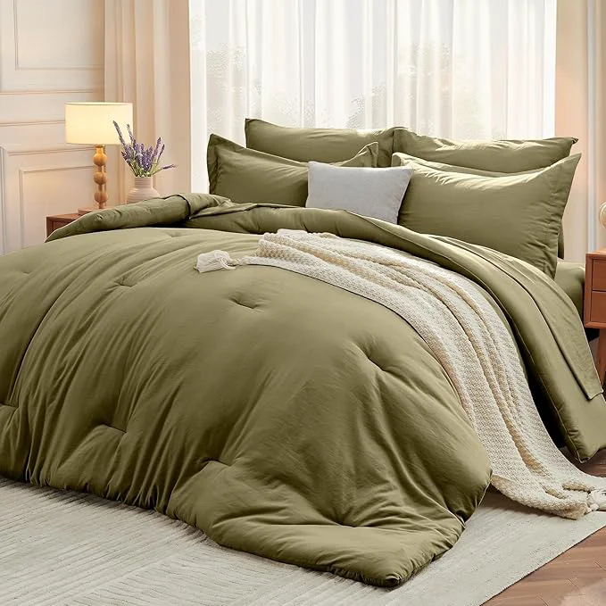Stylish MUXHOMO 7 Pieces King Comforter Set Soft Bed in a Bag King Size All Season Bedding Set with Comforter Flat Sheet Fitted Sheet Pillowcases amp Shams Olive Green Powerful