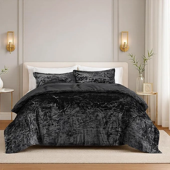 Recyclable Comfort Spaces Juliette Luxe Comforter Set Velvet Lush with Soft Brushed Microfiber Reverse All Season Cozy Velvet Bedding Sets Fluffy Comforter Bed Set Matching Sham Black Twin Twin XL 2 Piece Authentic
