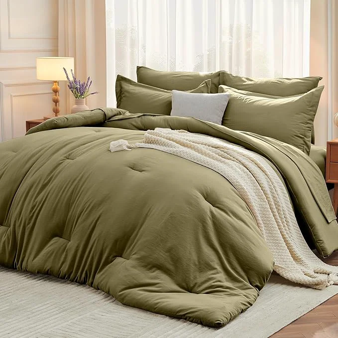 MUXHOMO 5 Pieces Twin XL Comforter Set Soft Bed in a Bag Twin XL Size All Season Bedding Set with Comforter Flat Sheet Fitted Sheet Pillowcases amp Shams Olive Green Secure