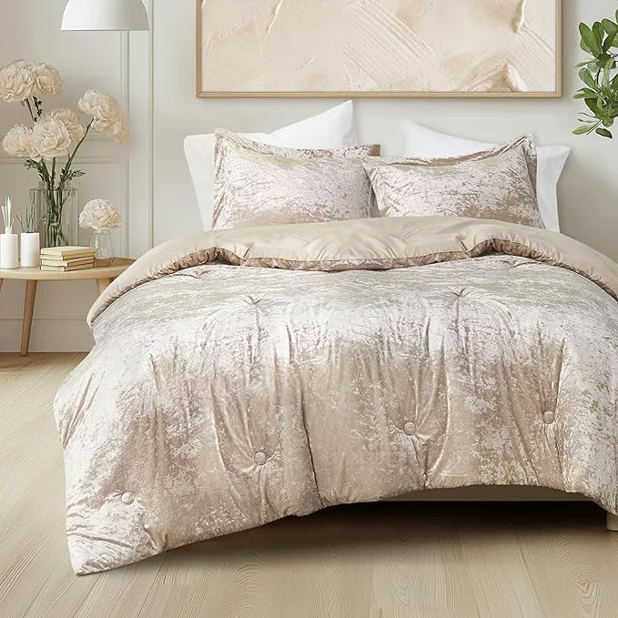 Exceptional Comfort Spaces Luxe King Comforter Set – Velvet Comforters for King Size Bed Microfiber Reverse Juliette All Season Bedding Fluffy Bed Set Sham Champagne 3 Piece Sophisticated