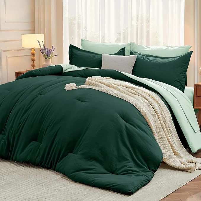 MUXHOMO 7 Pieces Queen Comforter Set Soft Bed in a Bag Queen Size All Season Bedding Set with Comforter Flat Sheet Fitted Sheet Pillowcases amp Shams Forest Green amp Sage Green Pure