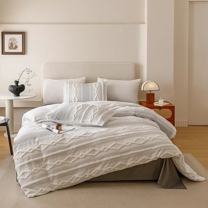 Elegant Cottonight White Black Boho Comforter Set Queen Farmhouse Tufted Bedding Set Soft Bohemain Shabby Chic Blanket Quilts Embroidery Rustic Luxury Soft 3PCS Bed Set for Women Men Casual