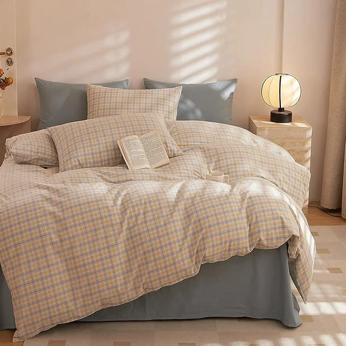 Healthy HighBuy 3 Piece Gingham Comforter Set Full Size Yellow Blue Checkered Grids Bedding Set Modern Lightweight Comforter Full Hotel Chic Plaid Bedding Sets 3 Piece with Sham Set Fluffy Comforter Outstanding