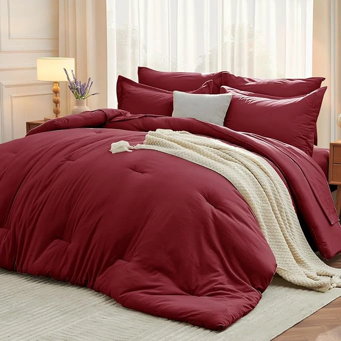 Solid MUXHOMO 7 Pieces Queen Comforter Set Soft Bed in a Bag Queen Size All Season Bedding Set with Comforter Flat Sheet Fitted Sheet Pillowcases amp Shams Burgundy Red Specialty