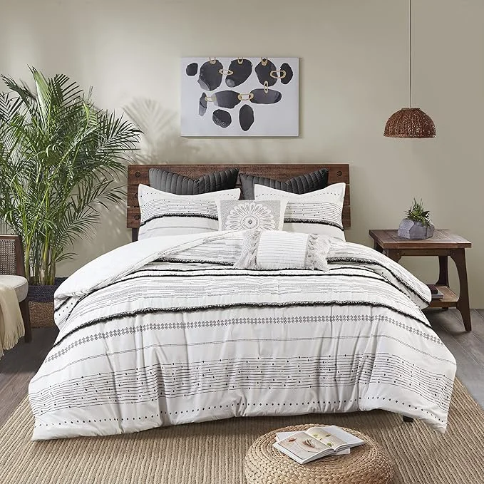 Environmentally Friendly INK IVY Luxurious Cotton-Bedding Set – Mid Century Trendy Geometric Design All Season Cozy-Cover With Matching-Shams Full Queen Nea Trims Black Multi Casual