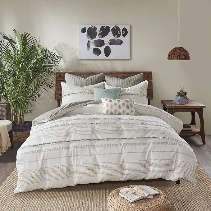 Pure INK IVY Nea Cotton Duvet Set Mid Century Modern Design All Season Comforter Cover Bedding Set Matching Shams King Cal King Stripes Teasel Ivory 3 Piece Advanced