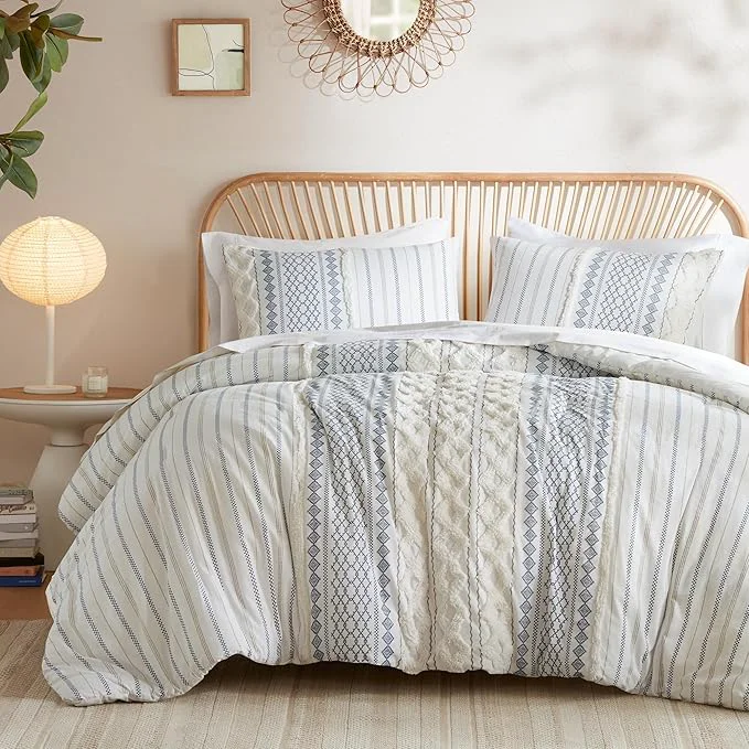 Crafted Ink Ivy Comforter for Queen Size Bed Chenille Tufted Breathable Cotton Comforter Set Queen All Season Modern Boho Comforter with Farmhouse Bedding Flare 2 Matching Shams Queen White Navy 3 Piece User-Friendly