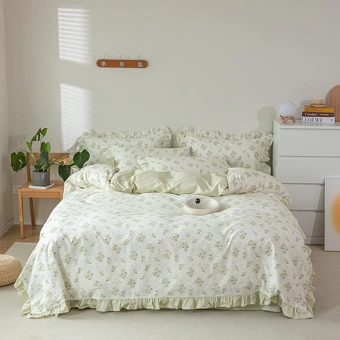 Pure HighBuy Green Floral Comforter Set Twin XL Lace Ruffles Reversible Stripes Comforter Fluffy with 2 Pillow Shams Toddler Girls Boho Romantic Lace Coquette Bedding Set Healthy