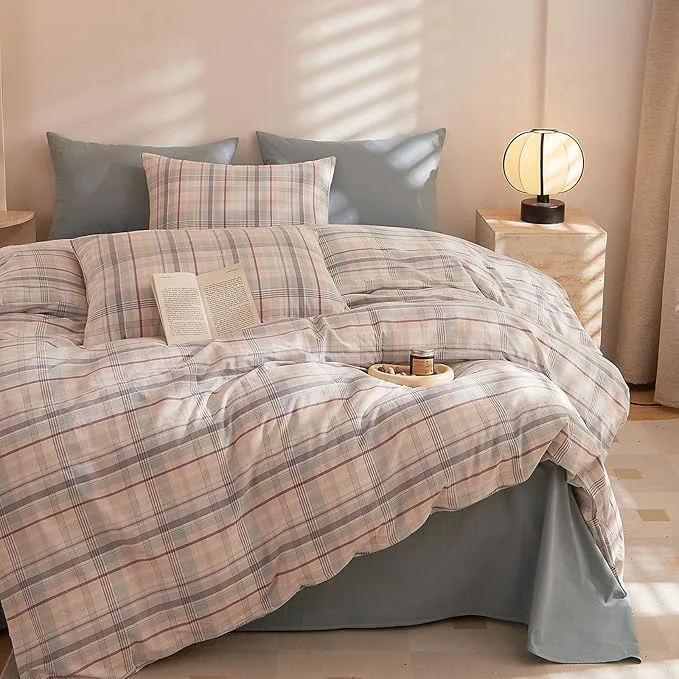 HighBuy 3 Pieces Plaid Comforter Set Twin XL Size Pink Blue Gingham Bedding Soft Fluffy Vintage Grid Checkered Comforter with 2 Pillowcases Lightweight Breathable Modern Gingham Bedding Set Verified