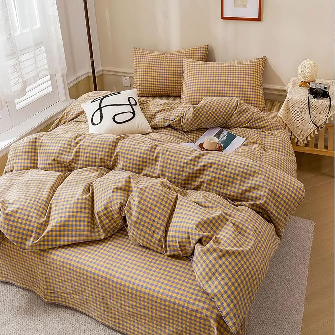 Verified HighBuy Yellow Purple Gingham Comforter Set Full Size Fluffy Comfortable Plaid Bedding Comforter Modern Checkered Grid Printed Comforter Set 3 Pieces Gingham Comforter with 2 Pillowcases Durable