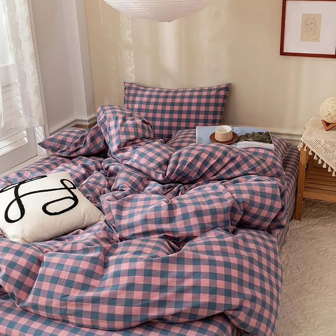 Smart HighBuy Purple Gingham Comforter Set Twin XL Vintage Boho Gingham Comforter with 2 Pillowcases Farmhouse Bedding Set Fluffy Checkered 3 Pieces with Geometric Plaid Grid Pattern Flexible