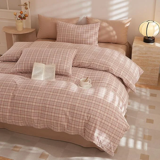 Long-Lasting HighBuy Queen Comforter Set Geometric Pink Checkered Pattern Comforter Grid Plaid Gingham Bedding Comforter Set Fluffy Soft Lightweight Bedding 3 Pieces Grid Bed Comforter with 2 Pillowcases Quality