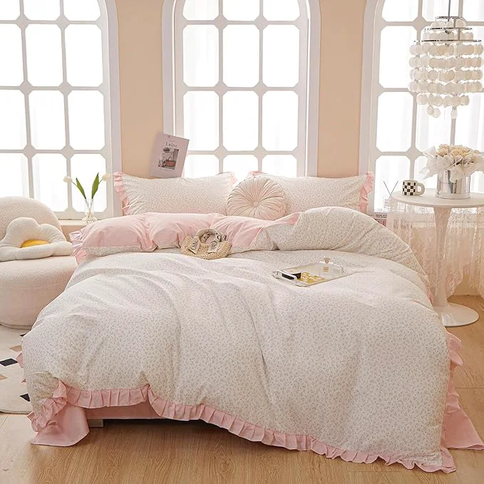Long-Lasting HighBuy Pink Flower Comforter Set Full with Lace Edge Ruffles Coquette Bedding Comforter Fluffy for Teen Girls Reversible Stripes Comforter Set Lightweight Princess Chic Comforter Sets Breathable