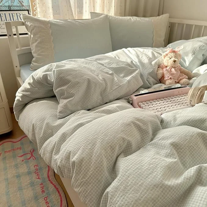 Innovative HighBuy Blue Gingham Comforter Set Full Vintage Chic Plaid Grid Printed Bedding Comforter with 2 Pillowcases Lace Ruffled Grid Comforters Fluffy Soft Checkered Comforter Set Plaid Bedding Sets Fine Crafted