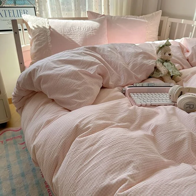 Effective HighBuy Pink Gingham Comforter Set Twin XL Vintage Boho Pink Grid Gingham Comforter with 2 Pillowcases Farmhouse Plaid Bedding Set Fluffy Checkered 3 Pieces with Lace Ruffle All Seasons Official