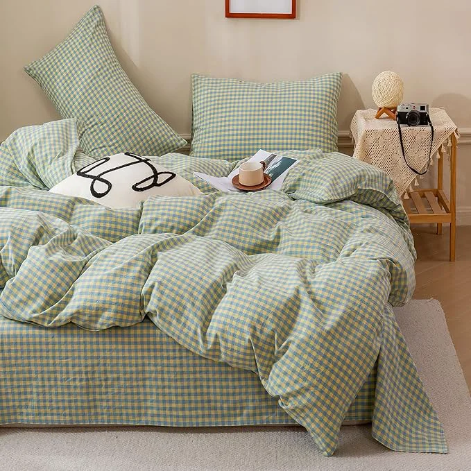 Secure HighBuy Green Gingham Comforter Set Queen Blue Grid Plaid Comforter with 2 Pillowcases Fluffy Lightweight Checkered Printed Gingham Comforter Set Geometric Checkered Plaid Bedding Set Relaxed