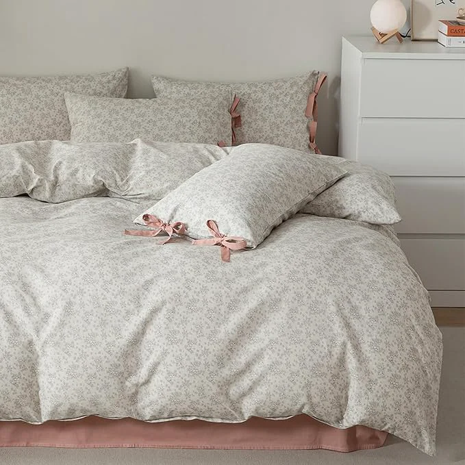 Classic HighBuy Farmhouse Floral Comforter Set King Grey Flowers Comforter Coquette Bedding Comforters Set Fluffy Botanical Bedding French Country Style 1 Floral Comforter 2 Bow Tie Pillowcases Smooth