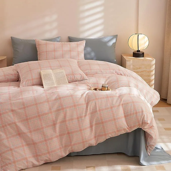 Convenient HighBuy Pink Plaid Comforter Set King Fluffy 3 Piece Chic Bohemian Gingham Grid Patchwork Hotel Quality Bedding Comforter Soft Aesthetic for College Teens 1 Boho Comforter with 2 Pillowcases Optimized