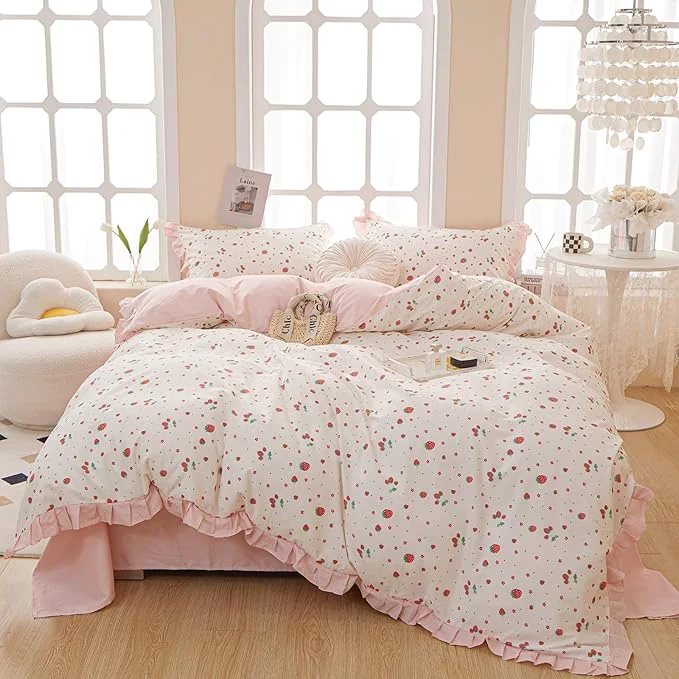 Enhanced HighBuy Full Comforter Set Strawberry Print Comforter Cozy Soft Ruffled Bedding Set White Pink Cute Girl Bedding Comforter Set Full Bed Set Fluffy 1 Ruffle Comforters with 2 Pillowcases Dependable