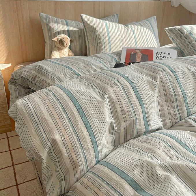 Clean HighBuy Boho Stripe Comforter Set King Size Grey Green Stripe Bedding Comforter with 2 Pillowcases Fluffy Soft Washed Cotton King Bed Comforter Set for Women Men All Season Breathable Natural