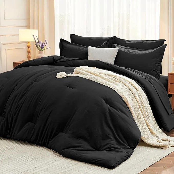 Elegant MUXHOMO 7 Pieces California King Comforter Set Soft Bed in a Bag Cal King Size All Season Bedding Set with Comforter Flat Sheet Fitted Sheet Pillowcases amp Shams Black Functional