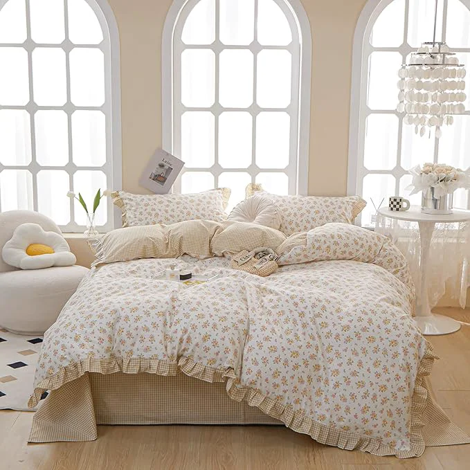 Powerful HighBuy Twin XL Comforter Set Lace Ruffle Bedding Comforter Fluffy Coquette Floral Bedding Set 3 Piece Princess Yellow Floral Comforters with 2 Lace Ruffles Pillowcases Cozy Soft Expertly Made