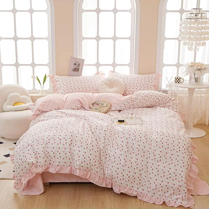 Original Design HighBuy Ruffled Comforter Set Full White Pink Floral Bedding Comforters Comfy Soft for Girls Boy Coquette Cottagecore Stripes Bedding Comforter Set 1 Fluffy Ruffle Comforter with 2 Pillowcases Green