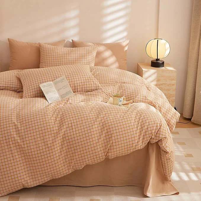 Traditional HighBuy Orange Gingham Comforter Set King for Men Boys Chic Modern Grid Plaid Comforter Set 3 Pieces Soft Fluffy Checkered Pattern Comforter with 2 Pillowcases Farmhouse Gingham Bedding Set Eco-Friendly