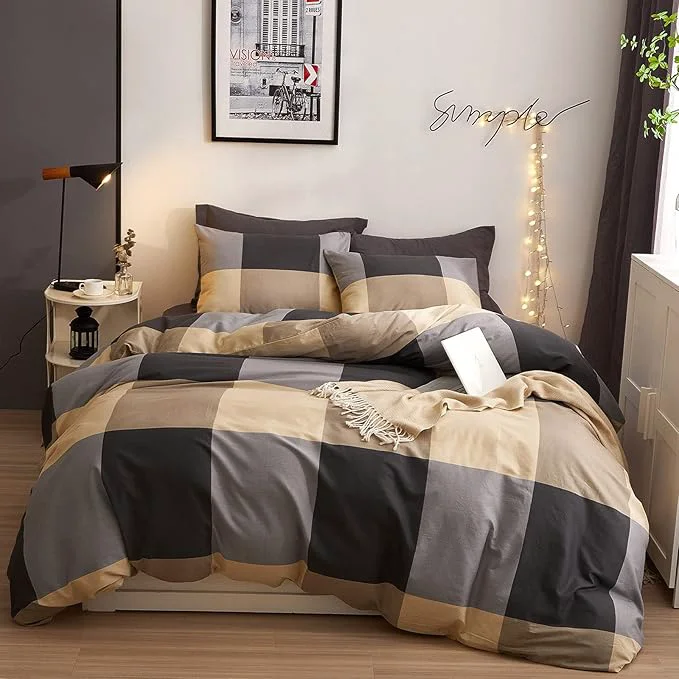 Unique HighBuy King Size Comforter Set Khaki Plaid Comforter Sets King Gingham Checkered Grid Bedding Comforter Modern Geometric Pattern King Bed Comforter Set for All Seasons with 2 Pillowcases Flexible