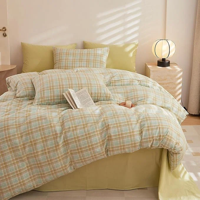 Smooth HighBuy Green Khaki Plaid Comforter Set Twin XL Modern Chic Gingham Bed Comforter with 2 Pillowcases Vintage Checkered Grid Fluffy Comforter Sets for Teen Girls Breathable Comfy Farmhouse Official