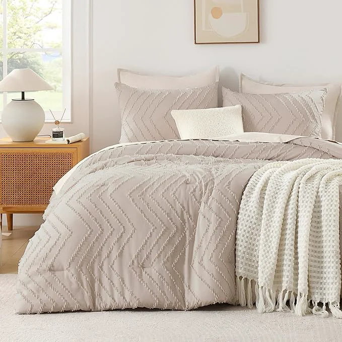 Responsible Andency Linen Comforter Set Queen Size Boho Soft Warm Tufted Bedding Comforter Sets for Queen Size Bed 3 Pieces Aesthetic Chevron Farmhouse Cute Bohemian Textured Bed Set High-Quality