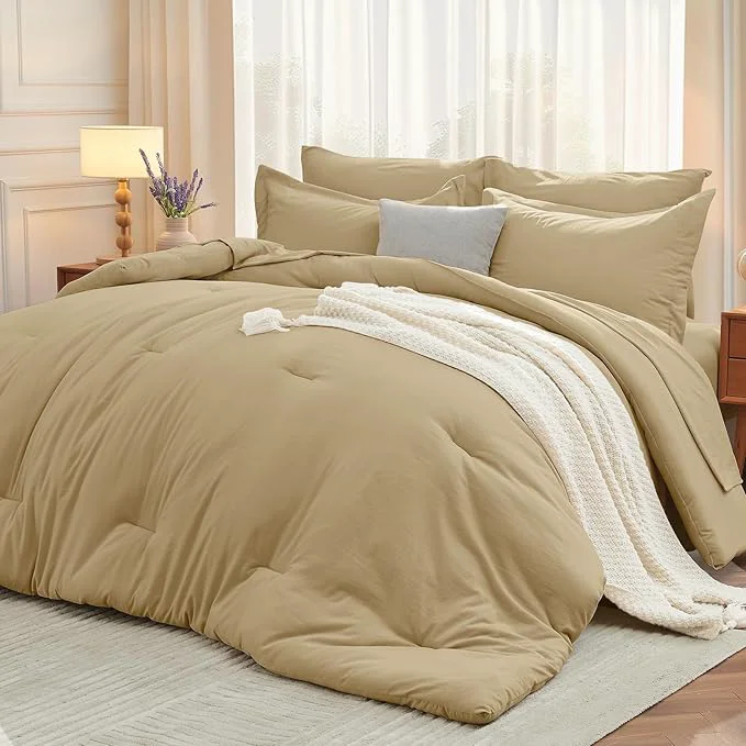 Green MUXHOMO 7 Pieces King Comforter Set Soft Bed in a Bag King Size All Season Bedding Set with Comforter Flat Sheet Fitted Sheet Pillowcases amp Shams Khaki User-Friendly