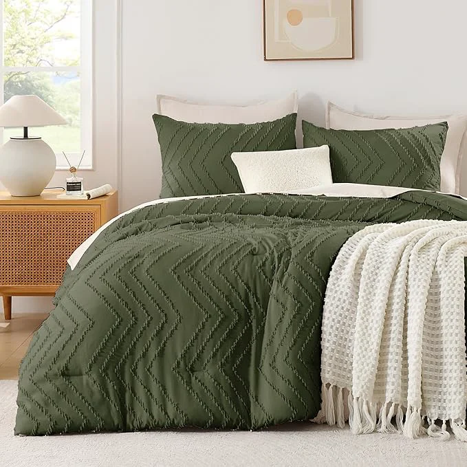 Classic Andency Olive Green Oversized King Comforter Set 120×98 Boho Oversize King Soft Warm Tufted Bedding Comforter Sets 3 Pieces Aesthetic Chevron Farmhouse Cute Bohemian Textured Bedding Set Convenient