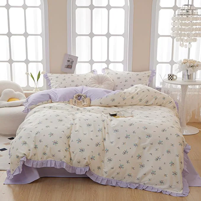 Sophisticated HighBuy Ruffle Comforter Set Queen Boho Chic Purple Flower Bedding Set Coquette Cottagecore Aesthetic Lace Comforter with 2 Pillow Shams for Women Girl Fluffy Cozy Floral Ruffled Comforter Set Traditional
