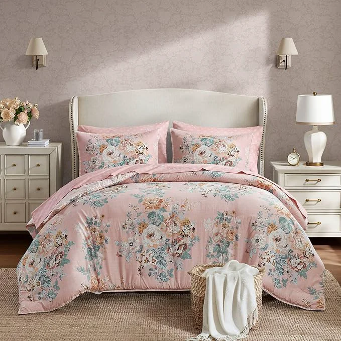 Casual Madison Park Essentials Floral Comforter Set King Size Vintage Flower Bedding Set with Sheet Set 7 Pieces Bed in a Bag with Reversible Botanical Comforter and Pillowcases amp Shams Heather Pink Excellent