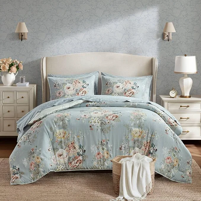 Sustainable Madison Park Essentials Floral Comforter Set FULL Size Vintage Flower Bedding Set with Sheet Set 7 Pieces Bed in a Bag with Reversible Botanical Comforter and Pillowcases amp Shams Heather Soft Blue High-Grade