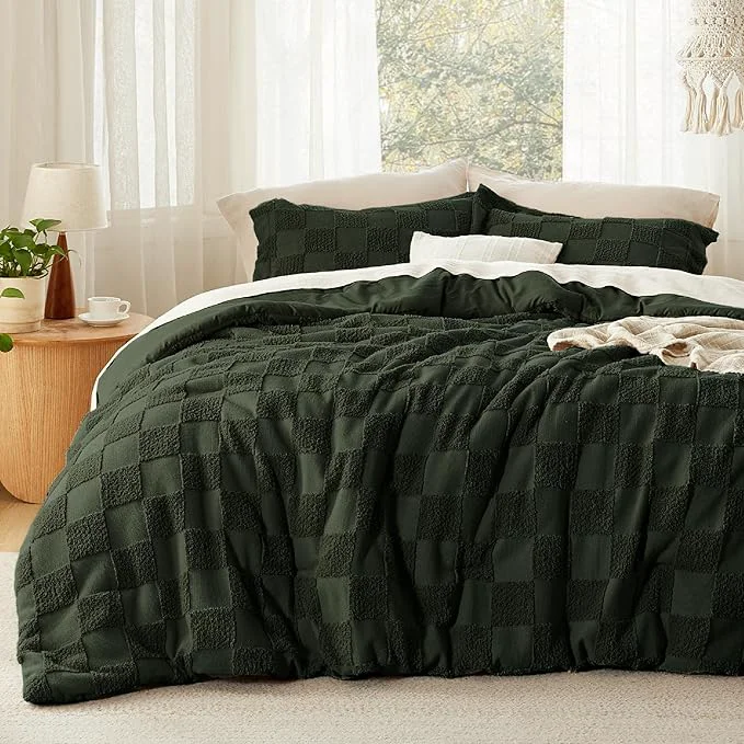 Authentic Bedsure Queen Size Comforter Set Dark Olive Green Boho Tufted Bed Set Checkered Farmhouse Shabby Chic Bedding 3 Pieces 1 Plaid Geometric Comforter and 2 Pillow Shams Functional