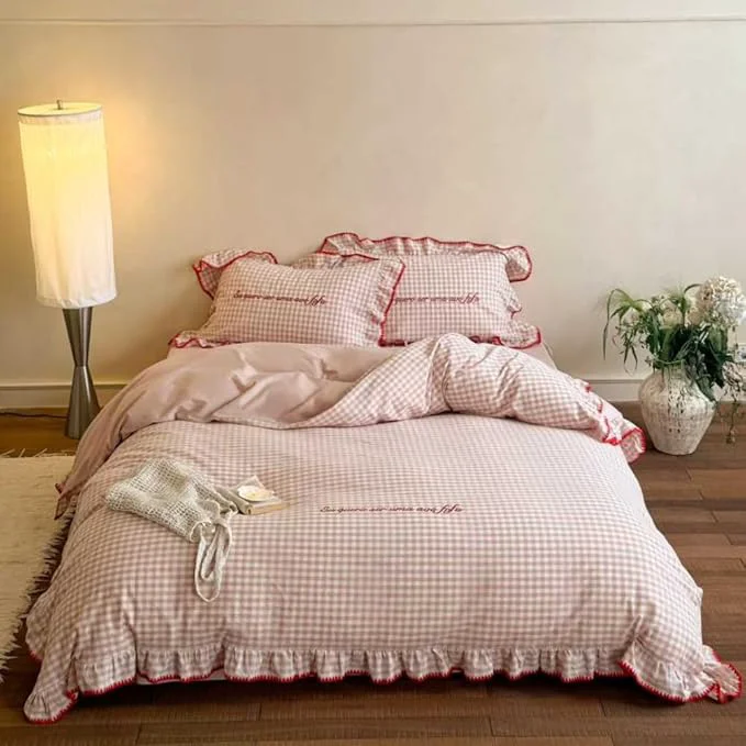 Enhanced CRUSHIMO Morning Mist Gingham Washed Cotton Duvet Cover Set – Shabby Chic Gingham Plaid Bedding with Ruffle Trim amp Triangle Stitching – Ultra Soft Breathable Comforter Cover Blush Milk Twin Functional