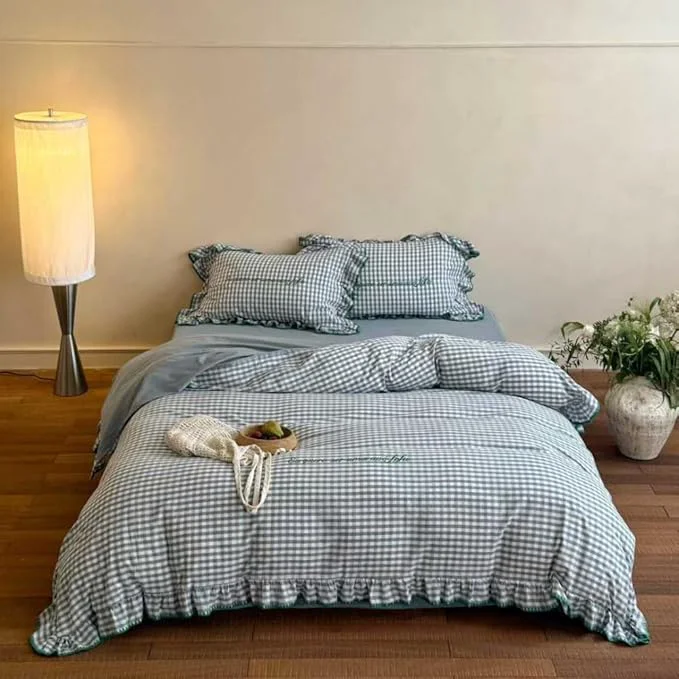 Carefully Designed CRUSHIMO Morning Mist Gingham Washed Cotton Duvet Cover Set – Shabby Chic Gingham Plaid Bedding with Ruffle Trim amp Triangle Stitching – Ultra Soft Breathable Comforter Cover Sea Salt Blue Twin Luxury