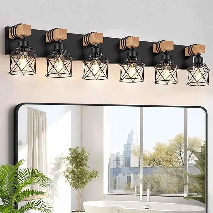 World-Class FadimiKoo 6-Light Farmhouse Bathroom Lighting Fixtures Wood Black Vanity Reliable