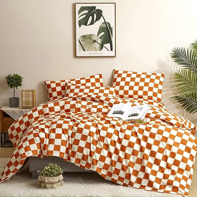 Modern Houseri Burnt Orange Grid Comforter Set Full White and Rust Plaid Bedding Comforter Sets for Teen Girls Boys Terracotta Buffalo Plaid Comforter Full Rust Colored Gingham Comforter Bedding Full Size Genuine