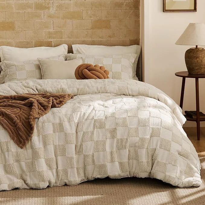 Flexible Bedsure California King Size Comforter Set Beige Boho Tufted Bed Set Checkered Farmhouse Shabby Chic Bedding 3 Pieces 1 Plaid Geometric Comforter and 2 Pillow Shams High-Grade