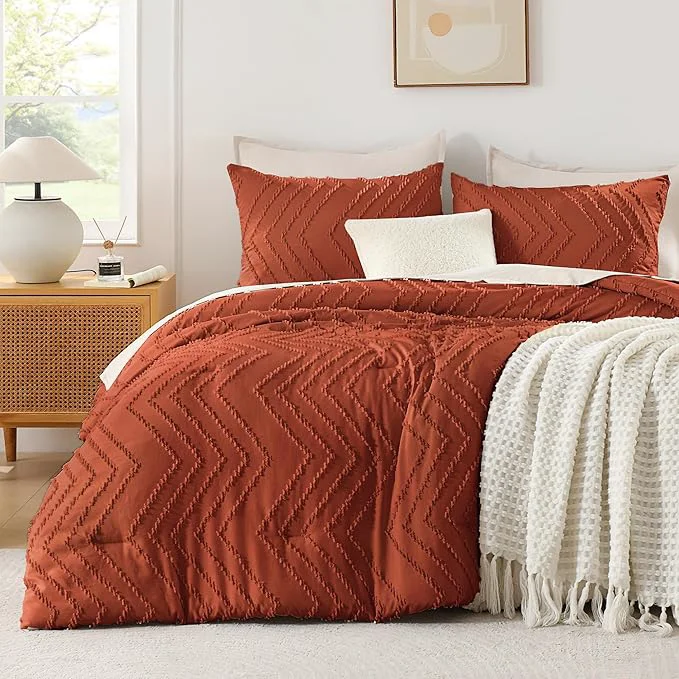 High-End Andency Burnt Orange King Size Comforter Boho Terracotta Soft Warm Bedding Comforter Sets for King Bed 3 Pieces Rust Chevron Tufted Aesthetic Microfiber Lightweight Comforter Set Carefully Designed