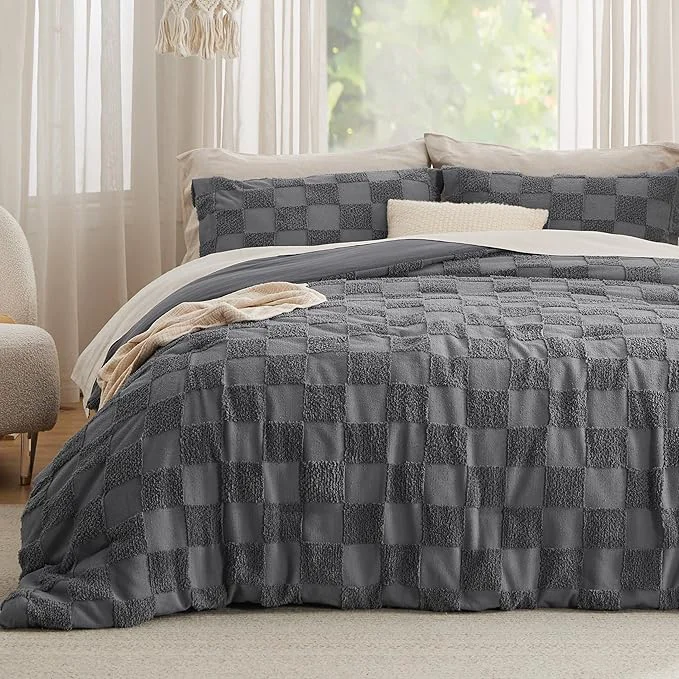 Solid Bedsure King Size Comforter Set Dark Grey Boho Tufted Bed Set Checkered Farmhouse Shabby Chic Bedding 3 Pieces 1 Plaid Geometric Comforter and 2 Pillow Shams Exceptional