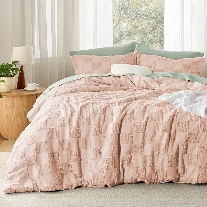 Natural Bedsure King Size Comforter Set Dusty Rose Boho Tufted Bed Set Checkered Farmhouse Shabby Chic Bedding 3 Pieces 1 Plaid Geometric Comforter and 2 Pillow Shams Smart