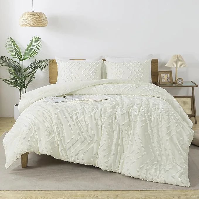 Consistent Andency Ivory Comforter Set Full Size Boho Soft Warm Tufted Bedding Comforter Sets for Full Size Bed 3 Pieces Aesthetic Chevron Farmhouse Cute Bohemian Textured Bed Set User-Friendly