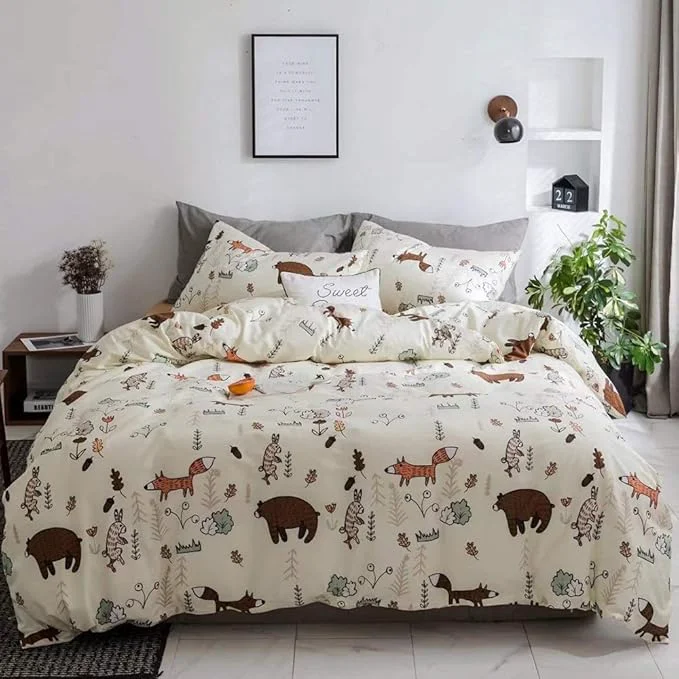 Minimalist Houseri Beige Bear Comforter Set Queen Teen Girls Woodland Kawaii Fox Rabbit Cartoon Bedding Sets Full Size Boys Animal Patterned Comforter Comfy Soft Forest Theme Dorm Bed Quilt Blanket Full 3 PCS Artisan