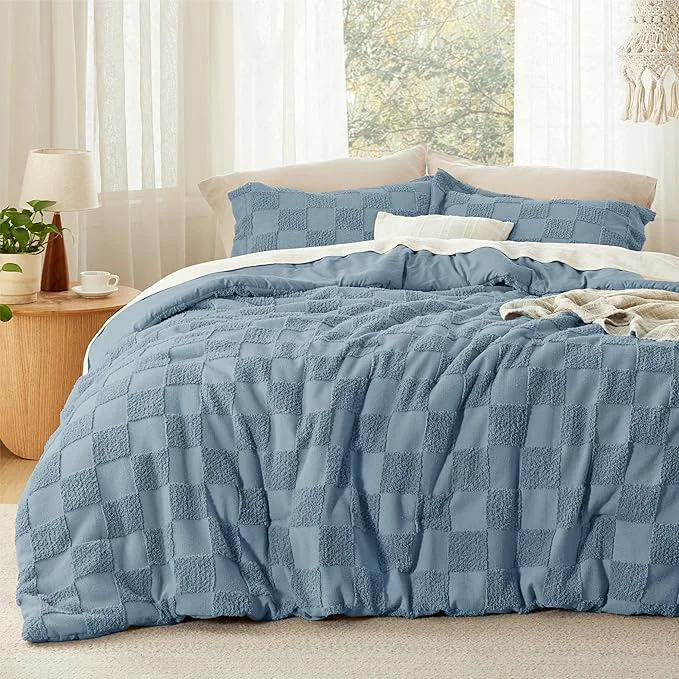 Recyclable Bedsure King Size Comforter Set Mineral Blue Boho Tufted Bed Set Checkered Farmhouse Shabby Chic Bedding 3 Pieces 1 Plaid Geometric Comforter and 2 Pillow Shams Elegant