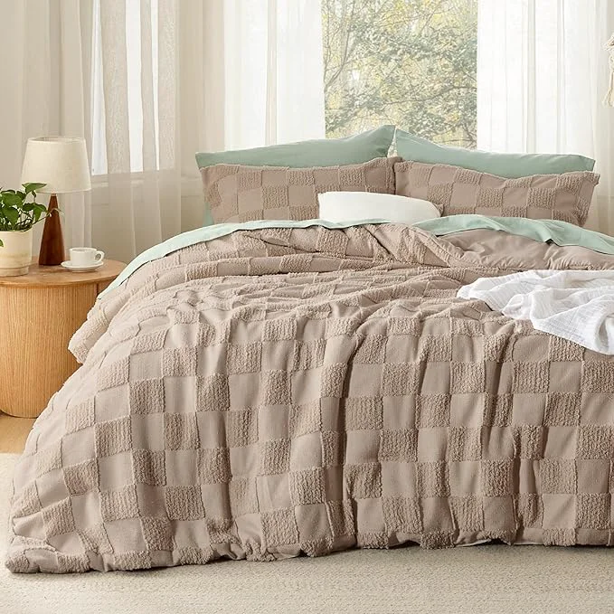 Elegant Bedsure King Size Comforter Set Khaki Boho Tufted Bed Set Checkered Farmhouse Shabby Chic Bedding 3 Pieces 1 Plaid Geometric Comforter and 2 Pillow Shams Sophisticated
