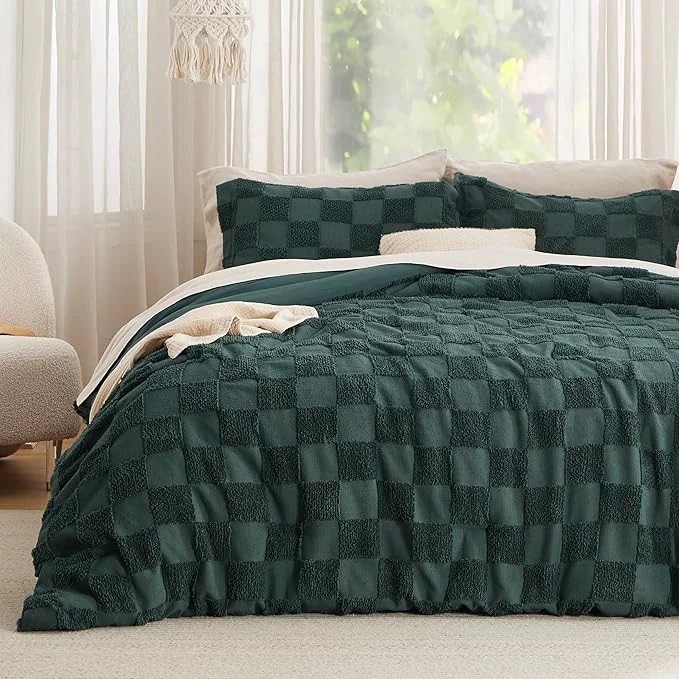 Smooth Bedsure Twin Twin XL Comforter Set Emerald Boho Tufted Bed Set Checkered Farmhouse Shabby Chic Bedding 2 Pieces 1 Plaid Geometric Comforter and 1 Pillow Sham Organic